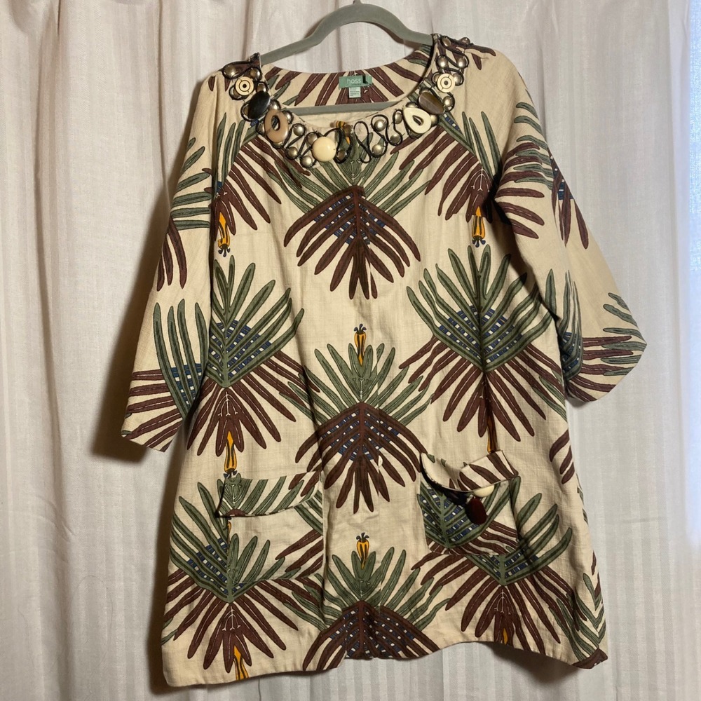 Hoss Intropia Beaded Palm Print Tunic Top‎ Stone Beige Cotton 44 Luxury Travel